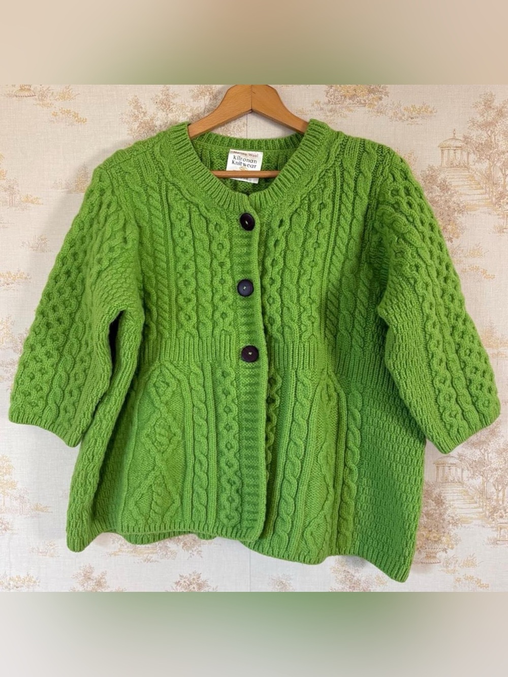 Vintage Kilronan Knitwear Green Irish Merino Wool Cable Knit Cardigan Sweater